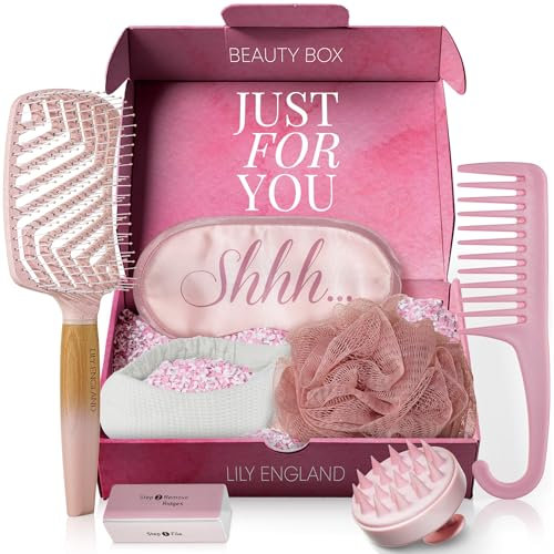 Lily England Self Care Gift Set for Women – 7-Piece Spa Beauty Gifts in Pink – Relaxing Kit with Hairbrush, Comb, Sleep Mask, Shower Puff, & Headband – Present for Mom, Sister & Teen Girls