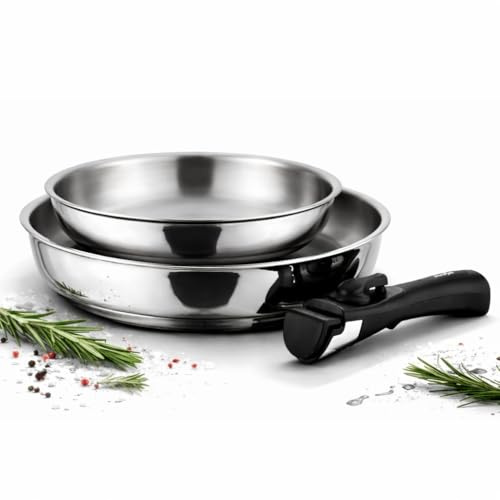 Cflagrant Set de 2 Poêles Inox 18/10 - (avec ou sans) Manche Amovible – Sans PFAS, Sans PTFE, Sans PFOA – Compatible Induction, Four & Lave-Vaisselle – Poêles Empilables – Cuisine Saine (24/28cm)