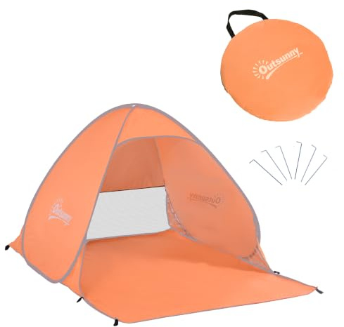 Outsunny Abri de Plage Pliable Pop-Up Automatique Instantané Orange | Tente de Plage, Protection UV, Fenêtre Arrière, Grand Tapis de Sol
