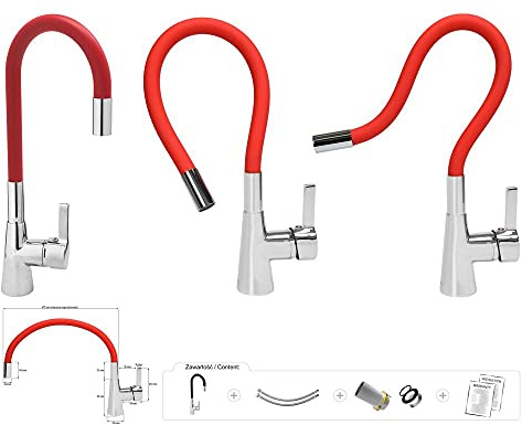 FALA Spültisch Armatur flexibel farbig (weiß, rot, orange, grün) Küchenarmatur Wasserhahn Küche Mischbatterie Spiralfederarmatur Einhebel (rot)