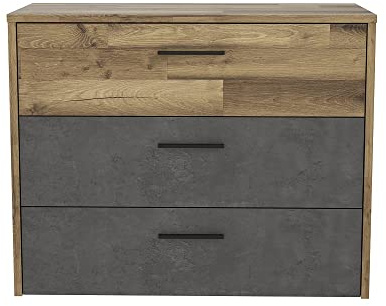 FORTE Ricciano Kommode mit 3 Schubladen, Holzwerkstoff, Stabeiche / Betonoptik Dunkelgrau, 34,8 x 79,9 x 99,8 cm