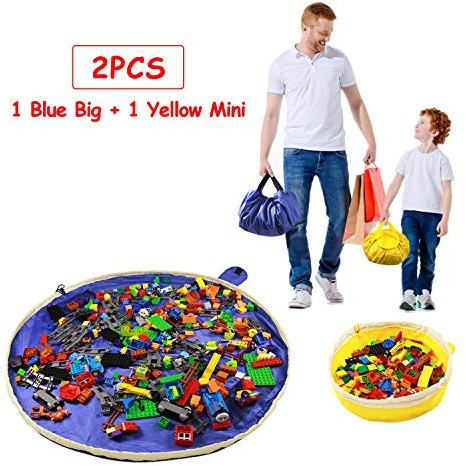 SUMBABO Toy Storage Mat Bag - Play Mat Bag and Toy Organizer Storage Bag by Drawstring for Toy Bricks - Toy Storage Container for Kid with Cap Like Travel Bag as Gift (2Pcs=1Big+1Mini)