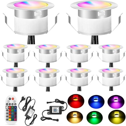 10er WIFI RGBWW LED Bodeneinbauleuchten terrassenbeleuchtung Arbeitet mit Alexa, Google Home,DC12V Ø31mm IP67 Wasserdicht LED Einbaustrahler Terrassen Full Kit