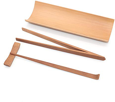 POFET Juego para ceremonia del té de 4 piezas, hecho a mano, diseño rectangular, de bambú, cuchara para servir té, aguja para el té, pinza para el té, con estantería, kungfu, juego de té para mujer