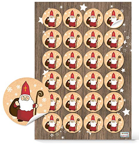 Premium Weihnachtssticker Nikolaus, 24 Stück: Aufkleber Weihnachten Klein, Nikolausaufkleber Rot Weiß, Weihnachtsaufkleber Selbstklebend, Sticker Nikolausgeschenke, made in Germany Ø 4 cm