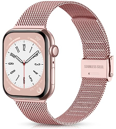 Ouwegaga Armband kompatibelt med Apple Watch 38 mm, 40 mm, 41 mm, 42 mm, 44 mm, 45 mm, 49 mm, metallarmband av rostfritt stål, kompatibelt med iWatch Serie 9 8 7 6 5 4 3 2 1/SE Ultra 2, Rosé, 42mm