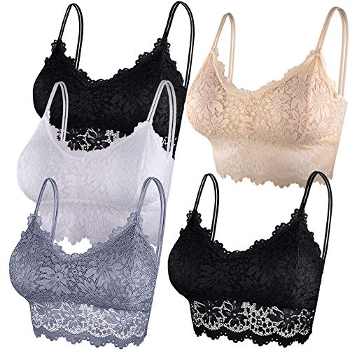 Duufin 5 Stück Bralette Spitzen BH Bralette Spitze Gepolstert BH für Damen und Mädchen (Schwarz, Grau, Beige, Weiß, S-M)