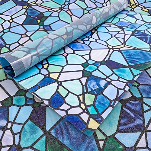 funlife Original Hand-Drawn Privacy Stained Glass Window Film, Reusable Single Sided Static Cling Glass Covers Suitable for Entryway, Decor for Bathroom Glass Window, 11.8x118, Blue Cobblestones