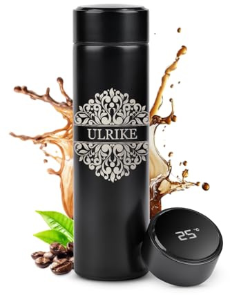 Maverton Thermobecher Kaffeebecher 450 ml - Isolierbecher personalisiert - 100% dicht - Led Temperatur Anzeige - aus Edelstahl - Geschenk für Frauen - schwarz - Verzierung