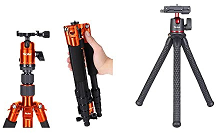 Rollei Compact Traveler No. 1 - leichtes Reisestativ aus Aluminium mit geringem Packmaß von nur 31,5 cm, Orange & Monkey Pod 2, Flexibles Mini-Stativ mit Smartphone-Halterung, Kugelkopf