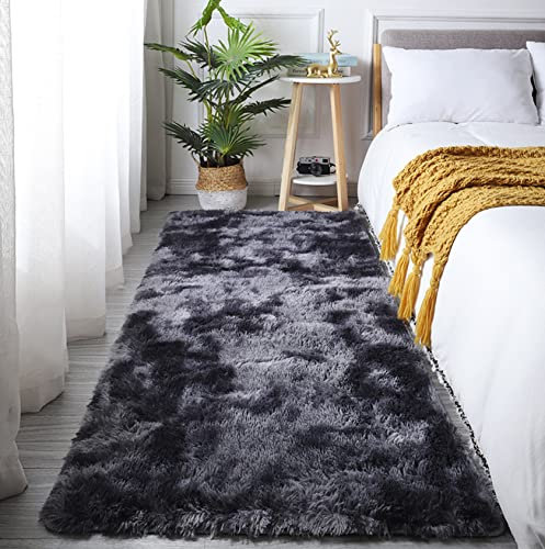ERPENG Schaffell Teppich 50x140cm Schlafzimmer Shaggy Wohnzimmer Fellteppich Longhair Fell Nachahmung für Flur Teppich Anti Rutsch Unterlage, Dunkelgrau