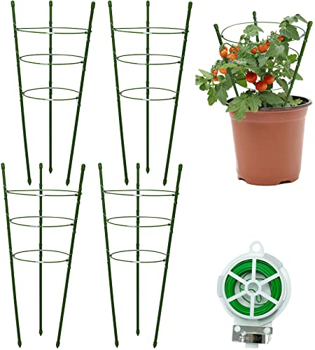Lot de 4 Tuteurs Pour Plantes Support de Plantes de Grimpantes Anneau de Support de Plantes de Jardin Stable Cage à Tomates avec Attaches Jardin Treillis Grimper Légumes Fleurs Fruits Grow Cage (45cm)