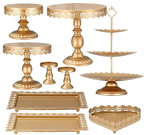 Eidoct Juego de 9 soportes de metal dorado para tartas, juego de soportes redondos de metal, soporte para cupcakes, postre, soportes de exhibición