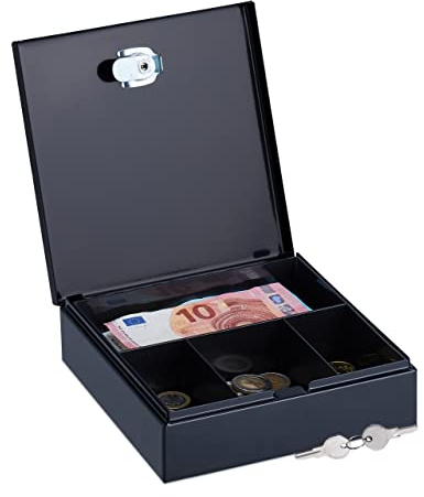 Relaxdays Geldkassette, abschließbar, Stahl, 2 Schlüssel, Kleingeld & Scheine, HxBxT: 5 x 17,5 x 17 cm, Kassa, schwarz