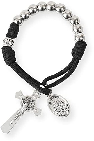 Nazareth Store Olive Military One Decade Paracord Rosenkranz Silberperlen Taschenauto Rosenkranz Beten Sie für uns St. Joseph Medaille und St. Benedikt Kreuz (Schwarz Paracord Rosenkranz)