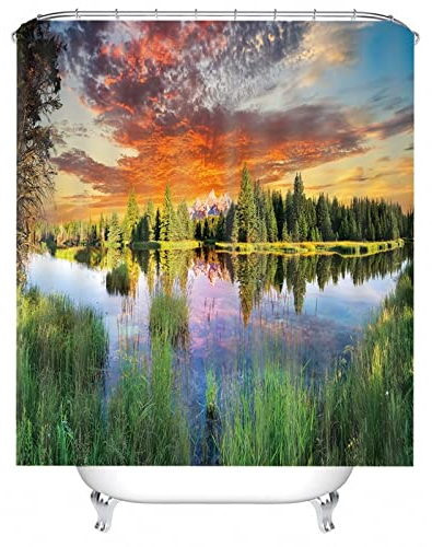 Hoisy Duschvorhang Anti Schimmel, Duschvorhang für Draußen Wald Und Reflexion Grün Größe 165X200CM
