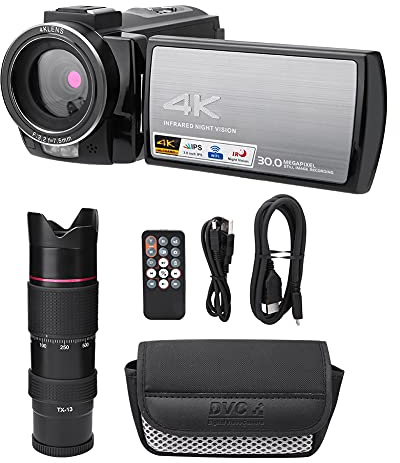 4K Digitale Videokamera, UHD 30M 16X Intelligenter Zoom WiFi IR Nachtsicht Elektronischer Verwacklungs DV Aufzeichnungs Camcorder mit 270 Grad Drehung 3 Zoll Touchscreen (Standard + Tele-Fernglas)