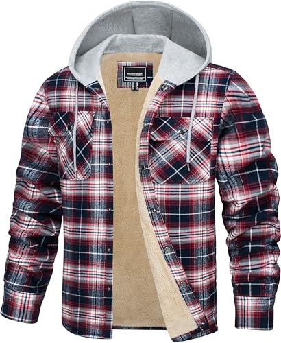 TACVASEN Chemises à Capuche pour Homme en Flannel Vestes à Doublure Fleece à Carreaux Plaid Chemises Hoodies Boutonnées Vestes Padded Check Lumberjack