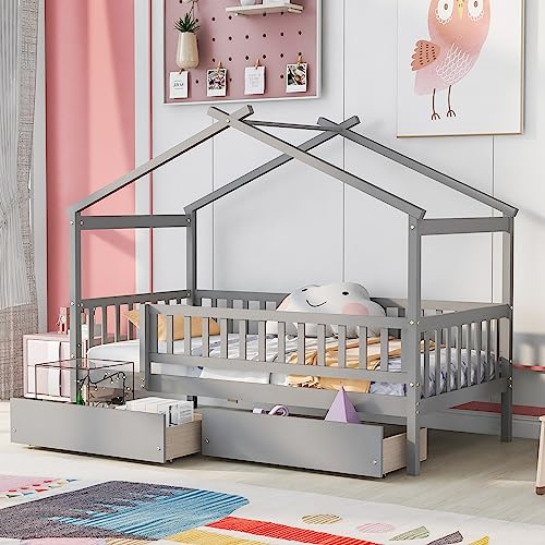 Twin House Bed with 2 Storage Drawers, Kids Twin Bed Frame with Rails and Roof, Tent Bed, Wooden Twin Daybed, Twin Montessori Bed for Kids Teens Girls & Boys, No Box Spring Needed (Gray)