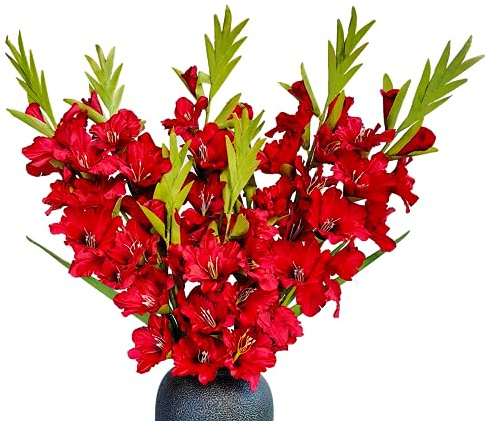 Raxcelivia Pack of 6 - Gladiolus Flowers Artificial Orchid Plants Long Silk Flower Stems Vase Table Kitchen Home Garden Party Wedding Decoration (Red)