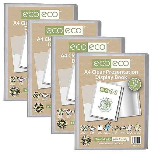 eco-eco Präsentationsbuch, A4, 50% recycelt, 10 Taschen, transparent, Aufbewahrungsbox, Portfolio-Kunstmappe mit Kunststoffhüllen, 4 Stück, eco125 x 4