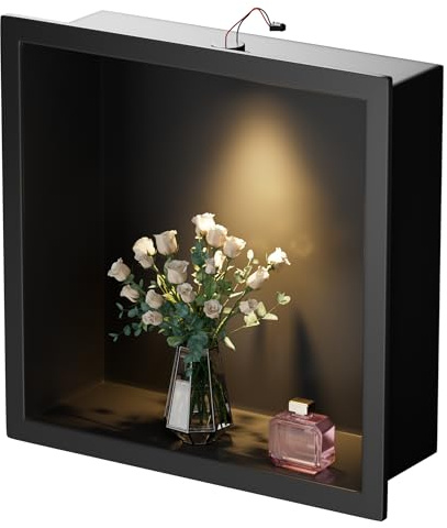 Qeke Stainless Steel Shower Niche 12 X 12, No Tile Needed Wall Niche with Non-Dimmable Led Downlight, Recessed Shower Shelf for Bathroom Storage, Over Mount Installation, Matte Black