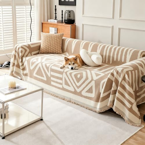 VanderHOME Chenille Sofa Überwurfdecke 3/4 Sitzer, Boho Doppelseitig Sofadecke mit Fransen, Verschleißfeste Dekorativ Decke, Kann als Sofa Cover, Sofa Überzug, Sofaschoner 180 * 340cm-Helles Curry