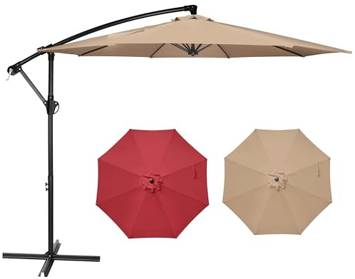 YSSOA 10ft Cantilever Patio Umbrella, Offset Hanging Outdoor Market Umbrellas with Cross Base and Crank for Garden, Lawn and Deck, Tan