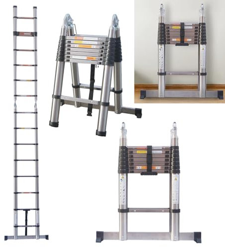 2.5M A Frame Telescopic Ladder Stainless Steel Loft Ladder, EN131 Safety Multi-Purpose Ladders Extendable Roof Ladder with Height Adjustable, Anti-Slip Rubber Feet, Portable Folding Ladder