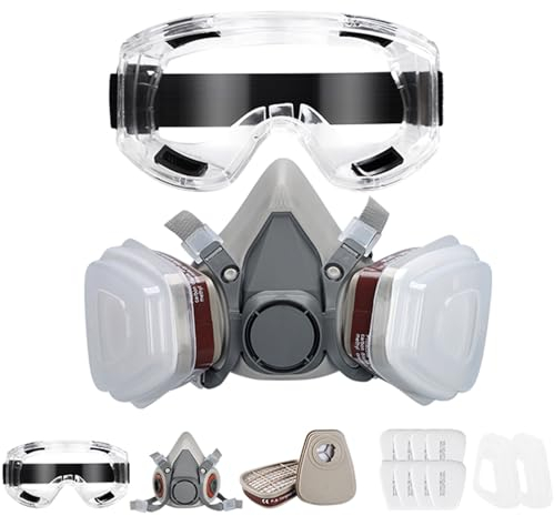 Powzdi Maschera Antipolvere Riutilizzabile, Maschera di Protezione Respiratoria Riutilizzabile con Filtri e Occhiali Protettivi per Verniciatura a Spruzzo Prodotti Chimici Vapori Organici Saldatura Lu