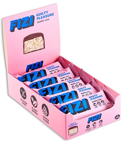 FIZI Barritas Veganas Guilty Pleasure - Doble Coco 10 x 45 g – con Coco Rallado y Cobertura de Chocolate Vegano – Sin Gluten, Lactosa y Azúcar Añadido – Snack Saludable y Alternativa a Postres