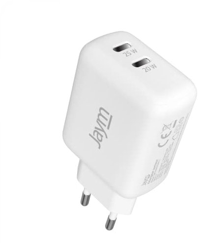JAYM Chargeur Maison Ultra Rapide 3A 45W, Double USB-C PD 20W + 25W pour iPhone 16/15/14/13, Galaxy S24/S23/S22, Note20, Pixel, XIAOMI, Tablettes