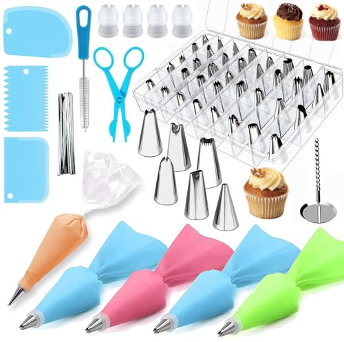 GHKLNY tårtdekorationstips set glasyr spritspåsar och tips set – tårtdekorationskit med 48-numrerade spritspetsar för kaka cupcake tårtdekoration (72 st set)