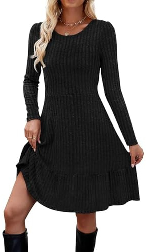 QUNERY Robe Pull Femme Manches Longues Robe Pull Tricot A-Line à Col Rond Pullover Chaud Casual Robe Automne Hiver pour Fête Bureau Décontracté Noir L