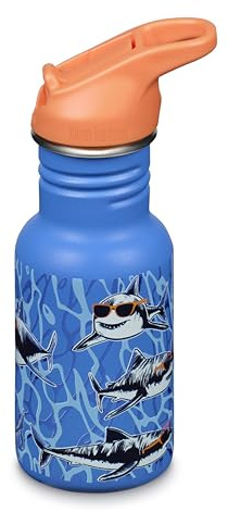 Klean Kanteen 12 oz Classic Kid's Water Bottle with Flip Seal Sport Cap & Straw - 100% Leakproof Cap - Durable Stainless Steel Material - Lightweight & Easy-Grip - BPA-Free - Sharks in Shades