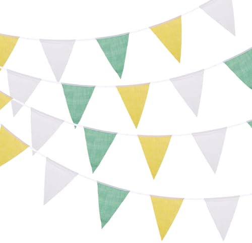sourcing map 10M Green Yellow White Pennant Banner, 36 PCS Triangle Flags Fabric Bunting Banner for Birthday Wedding Garden Outdoor Party Decorations