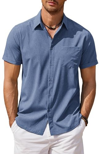 COOFANDY Mens Short Sleeve Casual Shirts Summer Beach Lightweight Stretch Shirts Regular Fit with Pocket Navyblue M