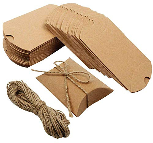 Scatole di Carta Kraft per Regalo, Vintage Carta Contenitore di Caramelle 100 Pezzi Grazie con Spago iuta per Invito Festa Laurea Matrimonio Battesimo Compleanno (6.5 x 9cm)
