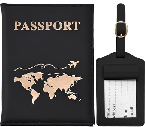 GIKPAX Reisepasshülle, Gepäckanhänger, Reisepasshülle aus PU-Leder, Reisebrieftasche für Reisepass, Ticketkarte, Bordkarten, Kreditkarte, Visitenkarten (Schwarz)