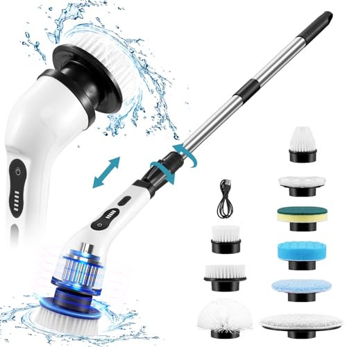 Lightasea Electric Spin Scrubber, 2000mAh Electric Cleaning Brush with 8 Replaceable Brush Heads, 2 Speeds Scrubbing Brush with Adjustable Handle, Electric Scrubber for Bathtub, Kitchen, Floor, Tile