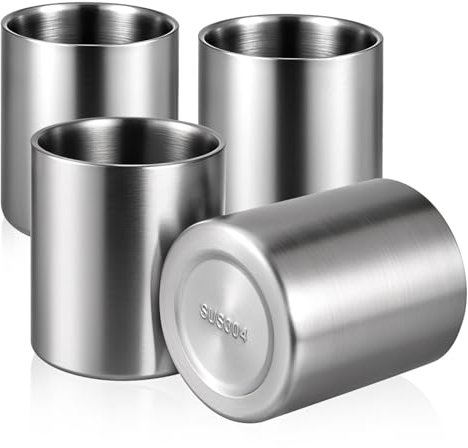 KALIONE Stainless Steel Whiskey Glass, 4Pack 10 oz Double Wall Tumbler Glasses, Metal Drinking Cups, Insulated Cocktail Glass, Whiskey Gifts for Husband Father Men Whiskey Lover