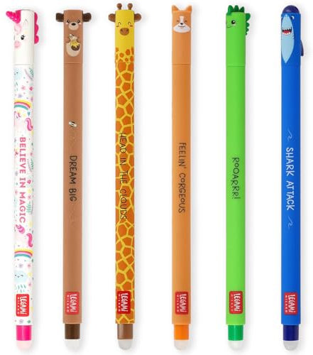 LEGAMI - Set mit 6 radierbaren Gelstiften mit thermoempfindlicher Radiertinte, verschiedene Tintenfarben und Schaftdesigns, 0,7 mm Spitze, Einhorn, Teddybär, Giraffe, Corgi, Dino, Hai