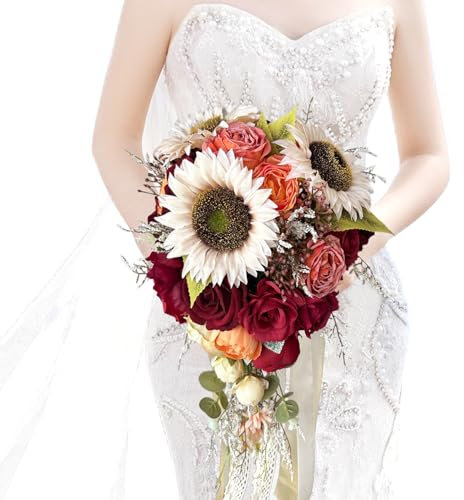 LCiclly Sonnenblumen-Rosensträuße für Braut, Herbst, Hochzeit, Burgunderrot, gebranntes Orange, großer kaskadierender Brautstrauß, künstliche Seidenblume, Boho, rustikale Zeremonie, Jahrestag,