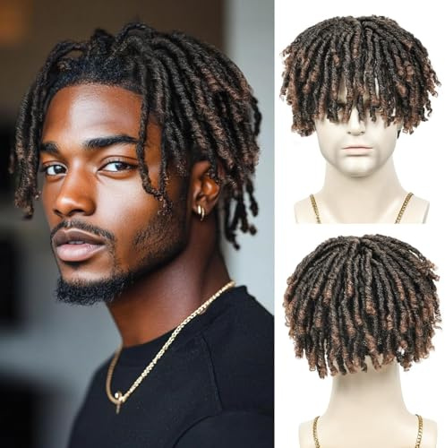 BECUS Dreadlock Toupee for Men Afro Hair Topper Fake Dreads Lock Toupee Hair for Men Short Braided Toppers for Black Women Curly Synthetic Wiggy Topper with Bangs Daily Cosplay Halloween Party(brown)