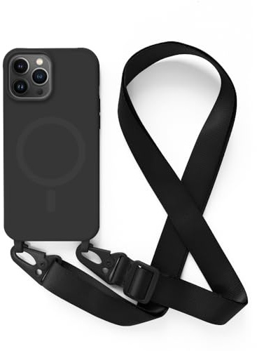 Leather Armor Handykette Hülle für iPhone 12 Pro（6.1） mit Band Halsband Lanyard (abnehmbar) Handyhülle, Verstellbarer Lanyard.Magnetisch Stoßfest Silikonhülle Wireless Charging kompatibel .-Schwarz