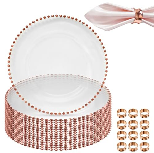 Clear Glass Charger Plate Set with Rose Gold Beaded Rim & Hammered Napkin Rings – Elegant Table Decor for Weddings, Banquets, Party, Birthday & Special Events - 12 Pieces