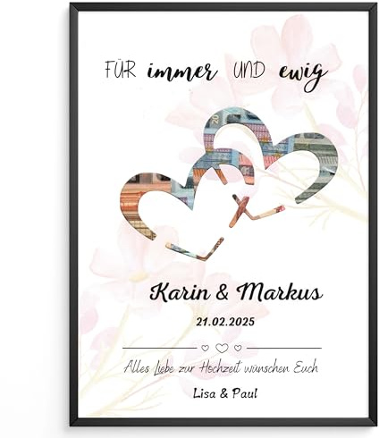 Personalisiertes Geldgeschenk zur Hochzeit | Geschenk für das Brautpaar | Kreative Möglichkeit zum Geldverschenken im DIN A4 Format | Mit hochwertigem A4 Bilderrahmen (Herz)