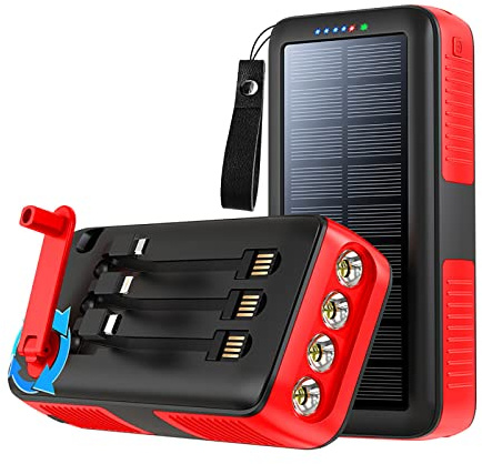 Banque d’Alimentation Compact Solaire Intégré en Câble À Manivelle Chargeur Powerbank Étanche Mergency LED Lampe de Poche Batterie Externe multifonctionnelle 2PCS, Rouge, 10000mAh