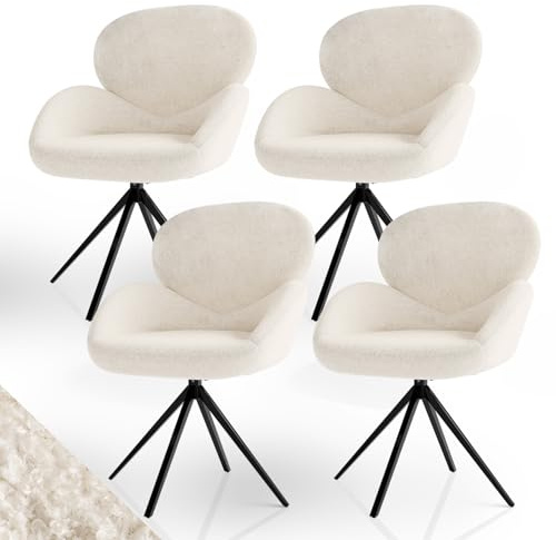 Juskys Drehstuhl Albano - Bouclé - 360° drehbar & gepolstert, pflegeleichter Bezug, verstellbare Metallfüße, modern, für Esszimmer & Küche - Creme 4er Set