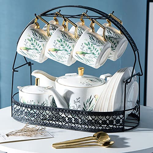 Set da tè in Ceramica Europea da 23 Pezzi per 6 Persone, Set da caffè in Porcellana con Supporto in Metallo, zuccheriera, brocca per Panna, Set da tazzine da ca